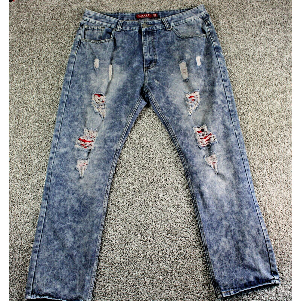 KAALU Distressed Acid Wash Jeans Mens 38x32 Blue Ripped Denim